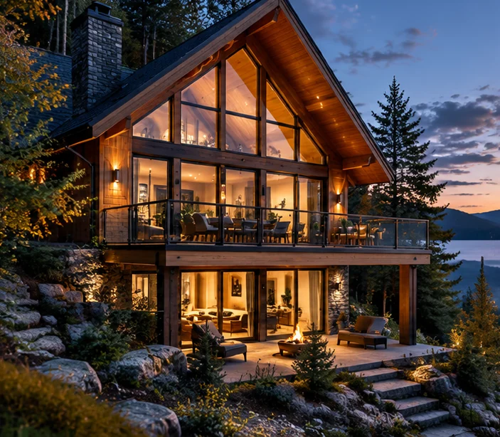 Chalet locatif chaleureux en forêt, éclairé à la tombée du jour